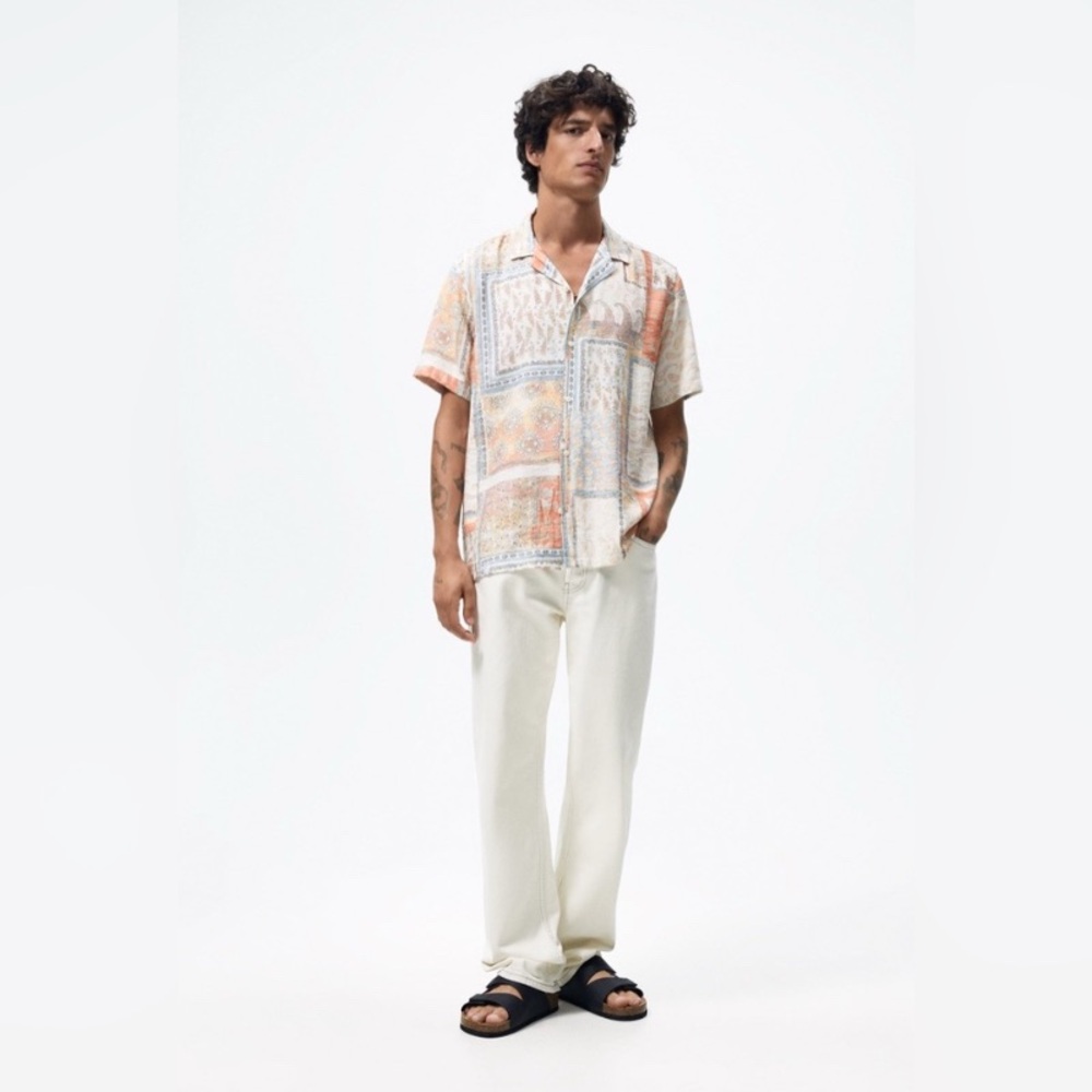 Zara men’s vacation camp collar linen style viscose button down short sleeve